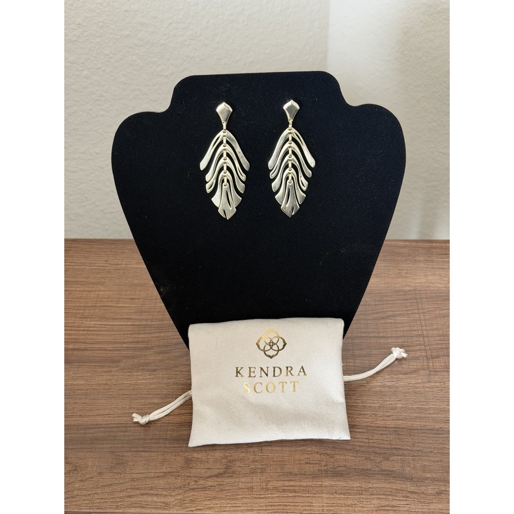 Kendra Scott Gold Tone Layered Leaf Feather Statement Drop Earrings 3"